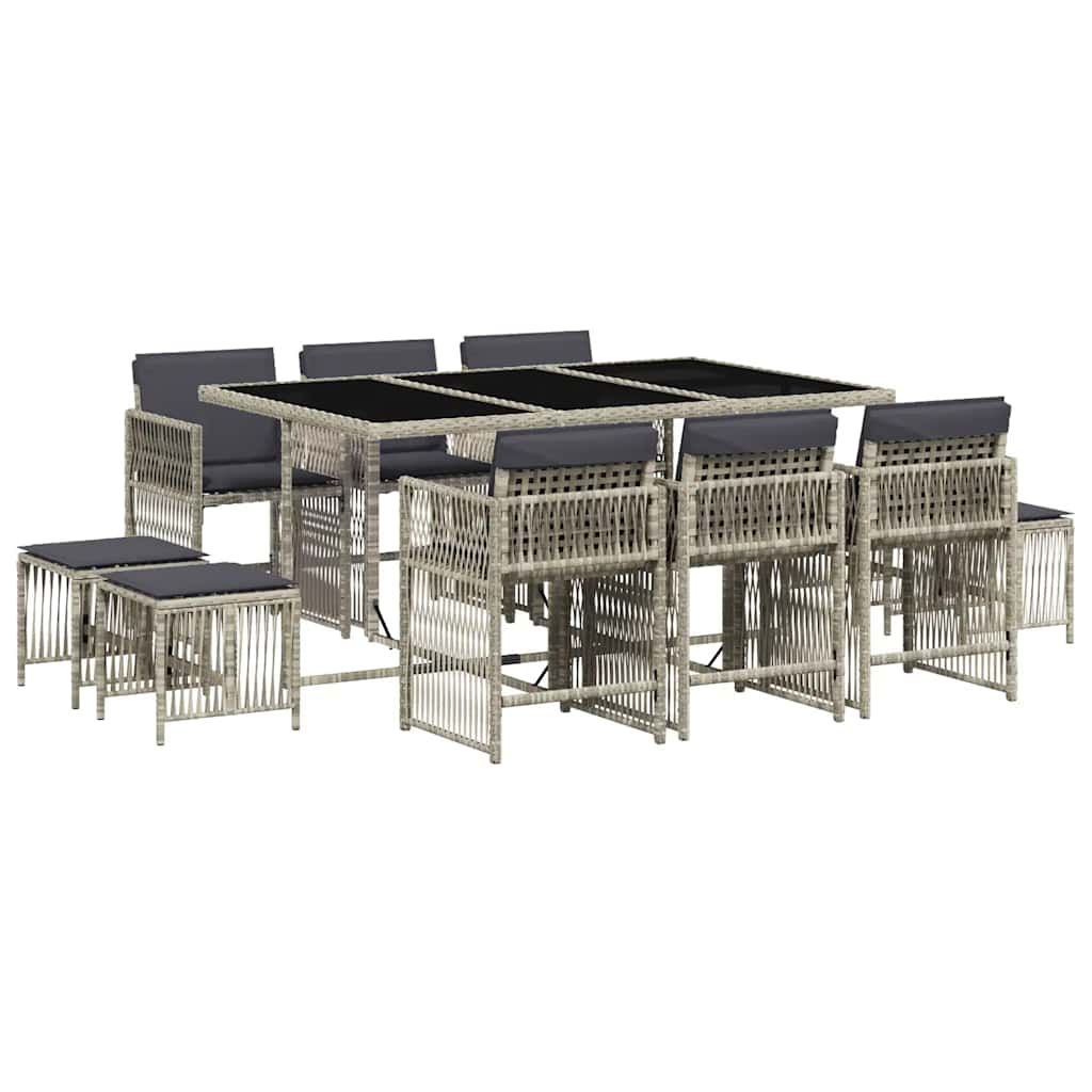vidaXL 11 Piece Garden Dining Set with Cushions Light Grey Poly Rattan