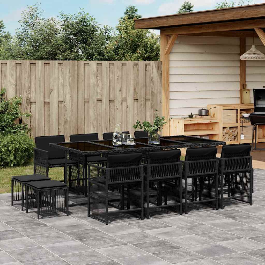 vidaXL 13 Piece Garden Dining Set with Cushions Black Poly Rattan