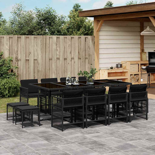 vidaXL 13 Piece Garden Dining Set with Cushions Black Poly Rattan