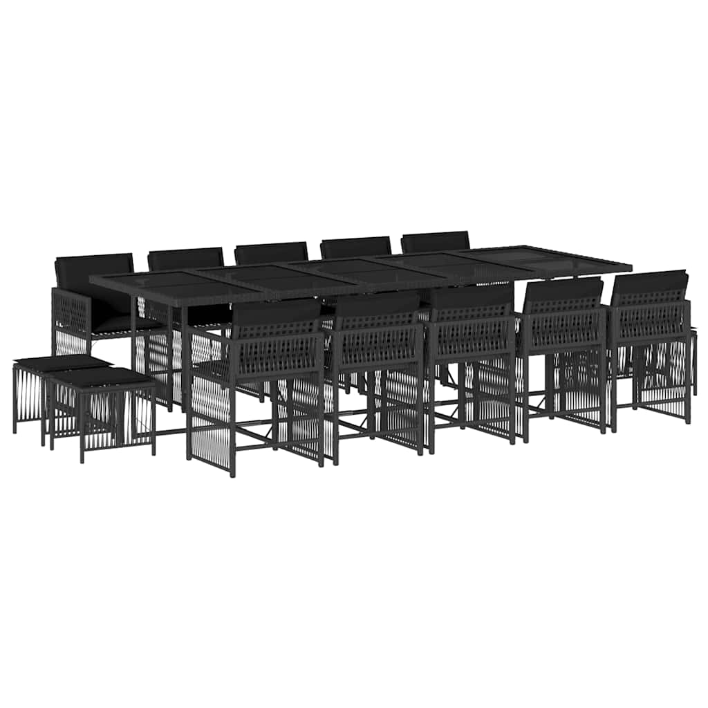 vidaXL 15 Piece Garden Dining Set with Cushions Black Poly Rattan