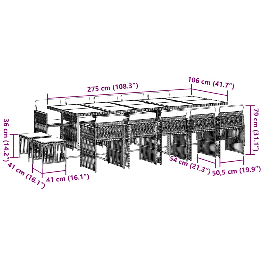 vidaXL 15 Piece Garden Dining Set with Cushions Black Poly Rattan