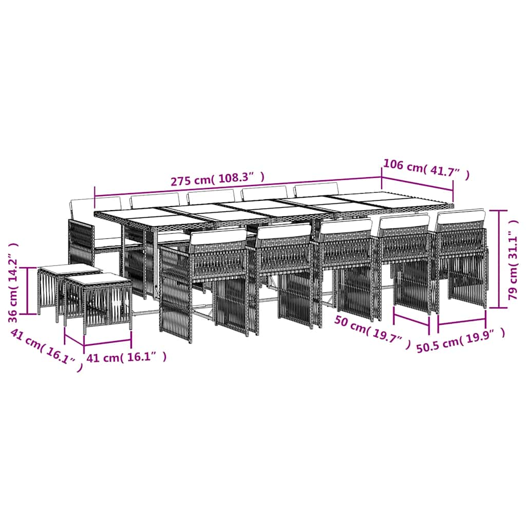 vidaXL 15 Piece Garden Dining Set with Cushions Light Grey Poly Rattan