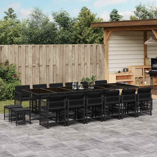 vidaXL 17 Piece Garden Dining Set with Cushions Black Poly Rattan