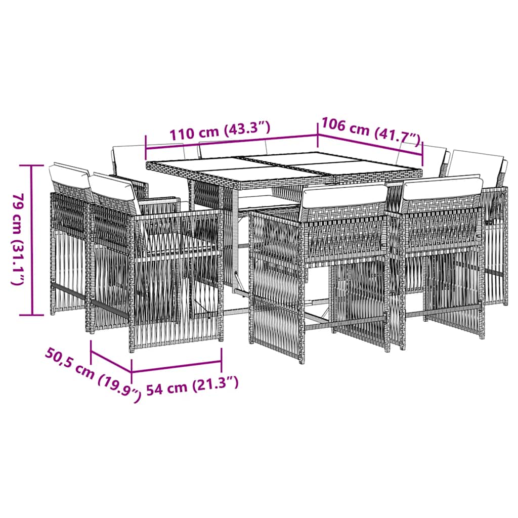 vidaXL 9 Piece Garden Dining Set with Cushions Brown Poly Rattan