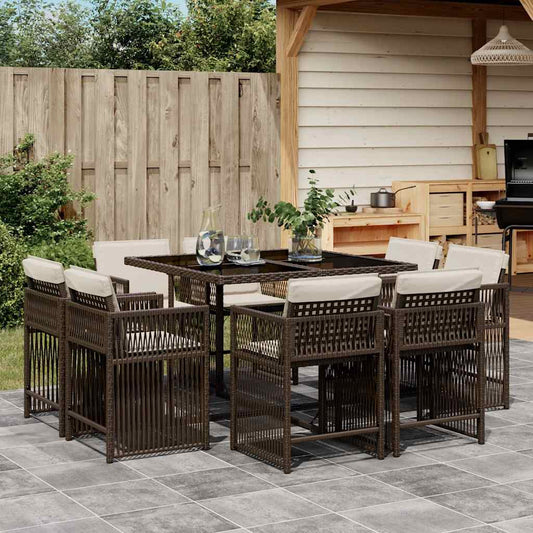 vidaXL 9 Piece Garden Dining Set with Cushions Brown Poly Rattan