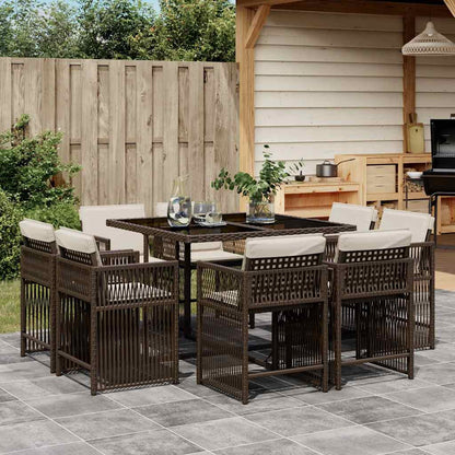 vidaXL 9 Piece Garden Dining Set with Cushions Brown Poly Rattan
