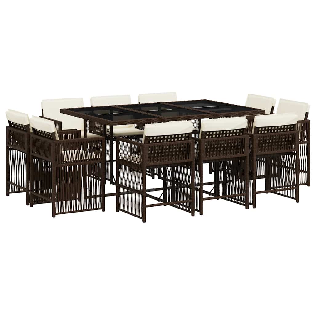 vidaXL 11 Piece Garden Dining Set with Cushions Brown Poly Rattan