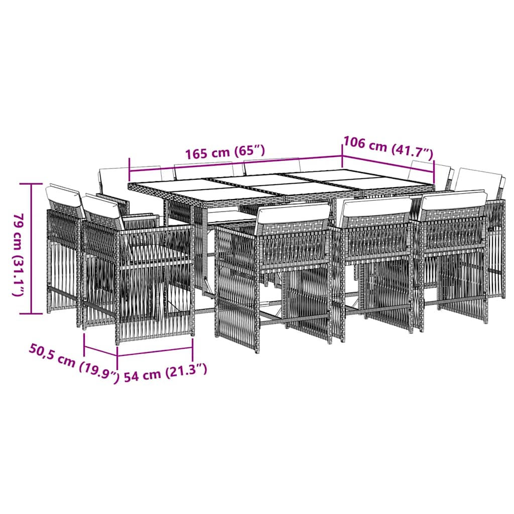 vidaXL 11 Piece Garden Dining Set with Cushions Brown Poly Rattan