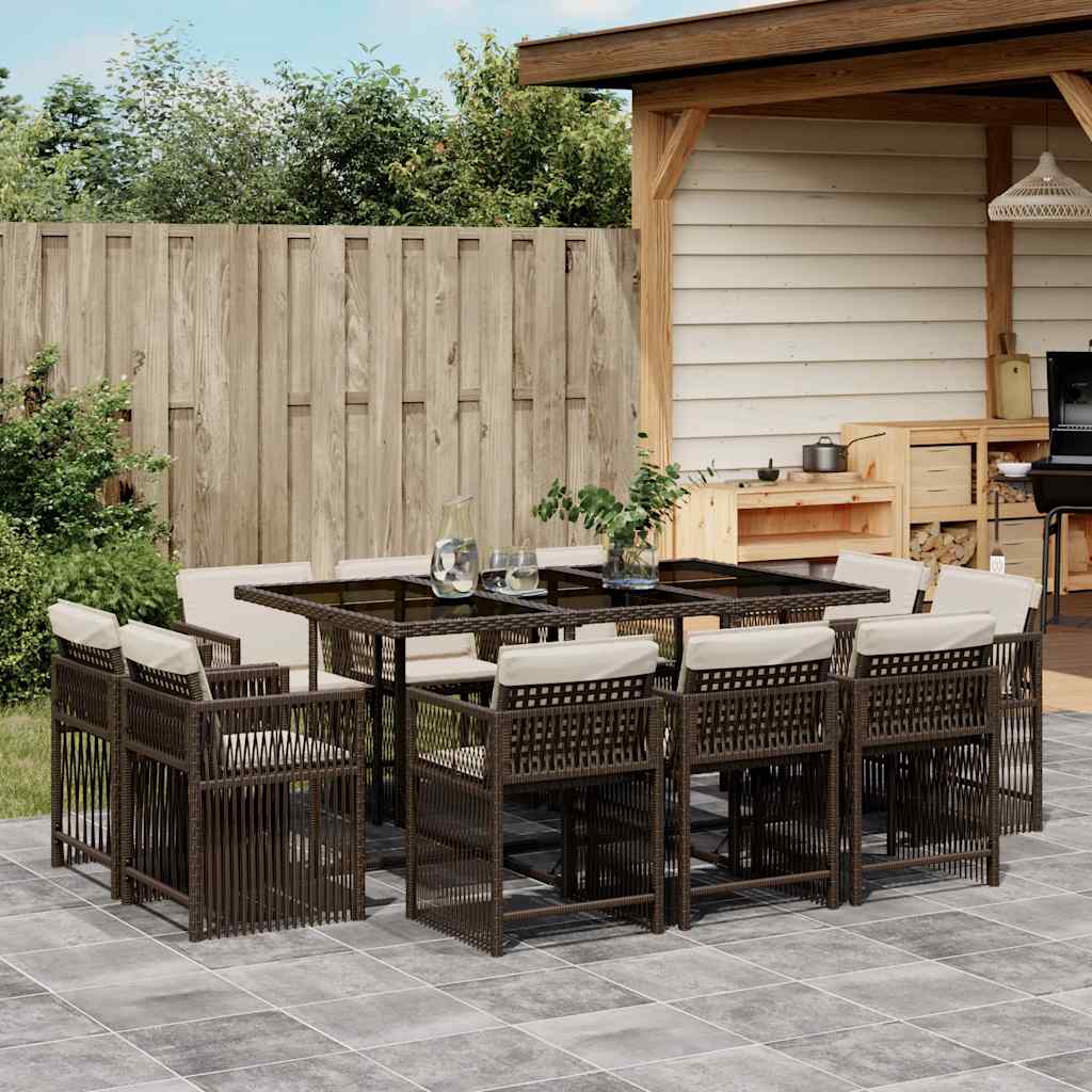 vidaXL 11 Piece Garden Dining Set with Cushions Brown Poly Rattan