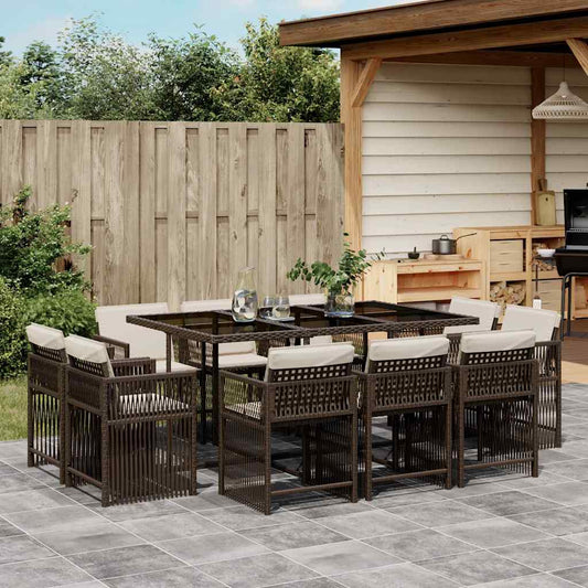 vidaXL 11 Piece Garden Dining Set with Cushions Brown Poly Rattan