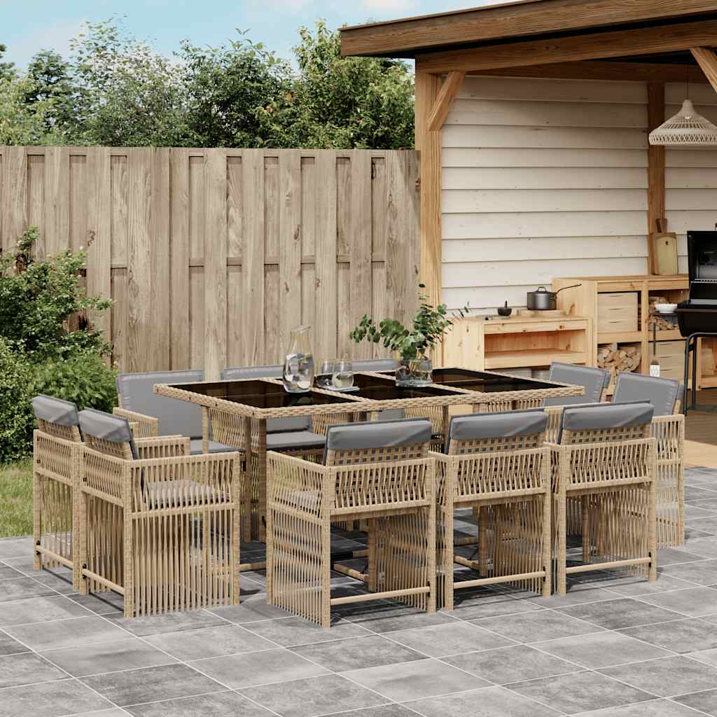 vidaXL 11 Piece Garden Dining Set with Cushions Mix Beige Poly Rattan