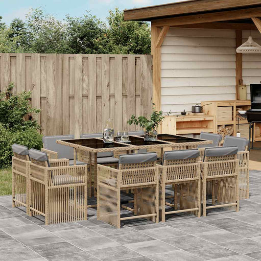 vidaXL 11 Piece Garden Dining Set with Cushions Mix Beige Poly Rattan