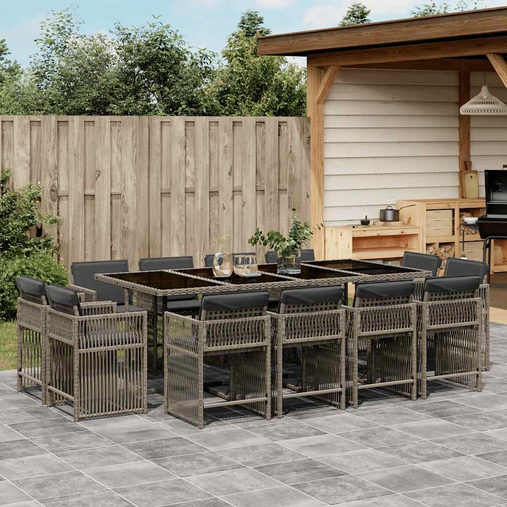 vidaXL 13 Piece Garden Dining Set with Cushions Grey Poly Rattan