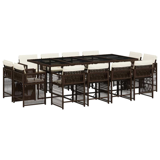 vidaXL 13 Piece Garden Dining Set with Cushions Brown Poly Rattan
