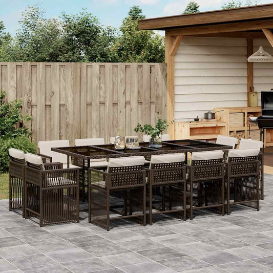 vidaXL 13 Piece Garden Dining Set with Cushions Brown Poly Rattan