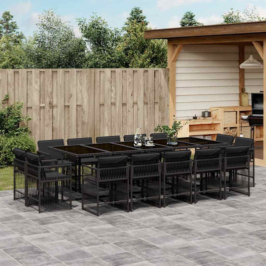vidaXL 15 Piece Garden Dining Set with Cushions Black Poly Rattan
