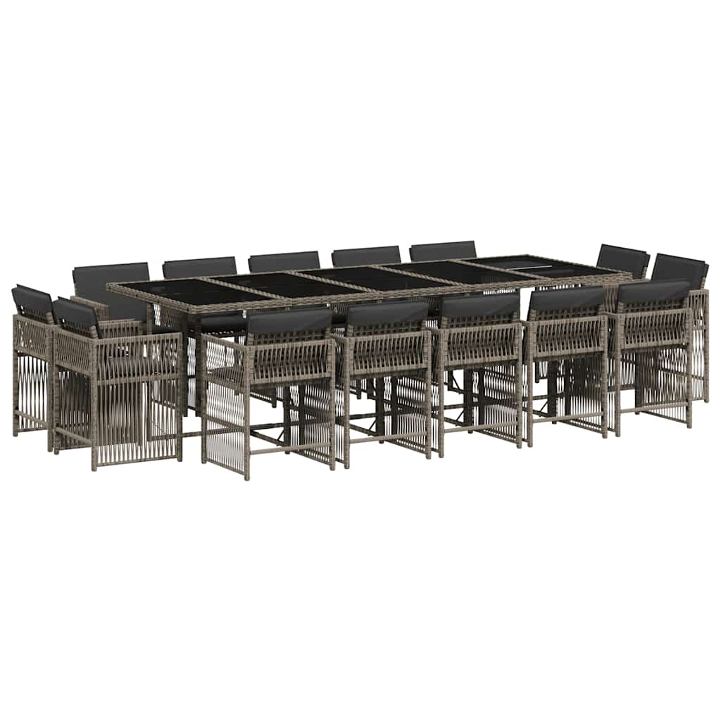 vidaXL 15 Piece Garden Dining Set with Cushions Grey Poly Rattan