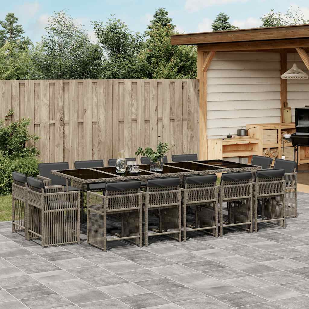 vidaXL 15 Piece Garden Dining Set with Cushions Grey Poly Rattan