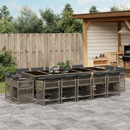vidaXL 15 Piece Garden Dining Set with Cushions Grey Poly Rattan