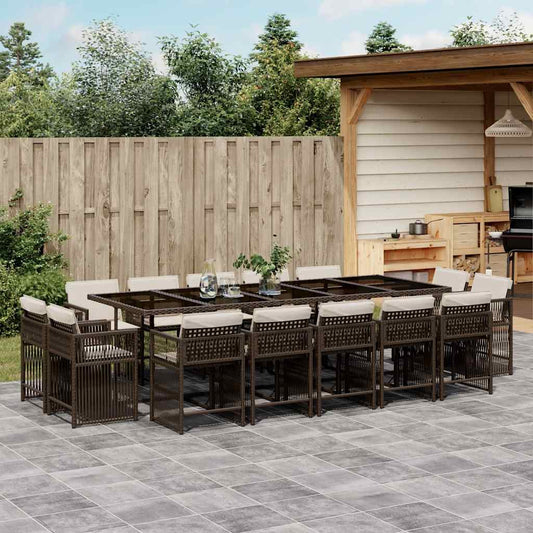 vidaXL 15 Piece Garden Dining Set with Cushions Brown Poly Rattan