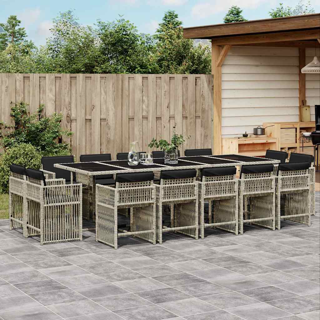 vidaXL 15 Piece Garden Dining Set with Cushions Light Grey Poly Rattan