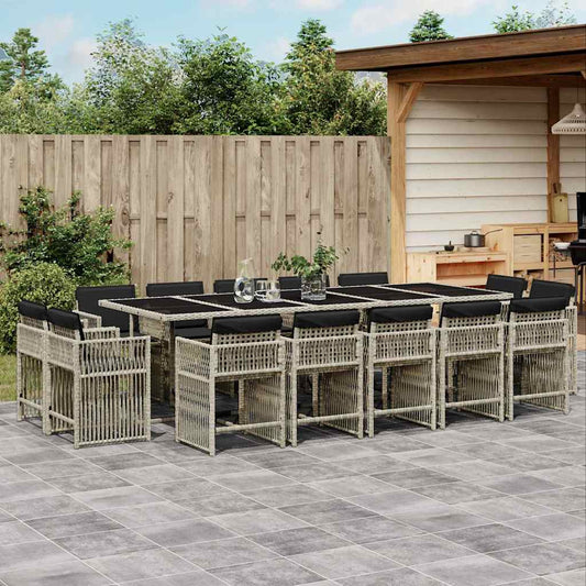 vidaXL 15 Piece Garden Dining Set with Cushions Light Grey Poly Rattan