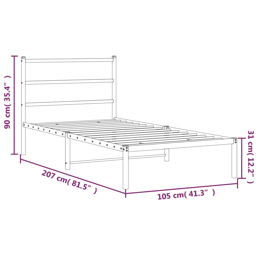 vidaXL Metal Bed Frame without Mattress with Headboard Black 100x200cm