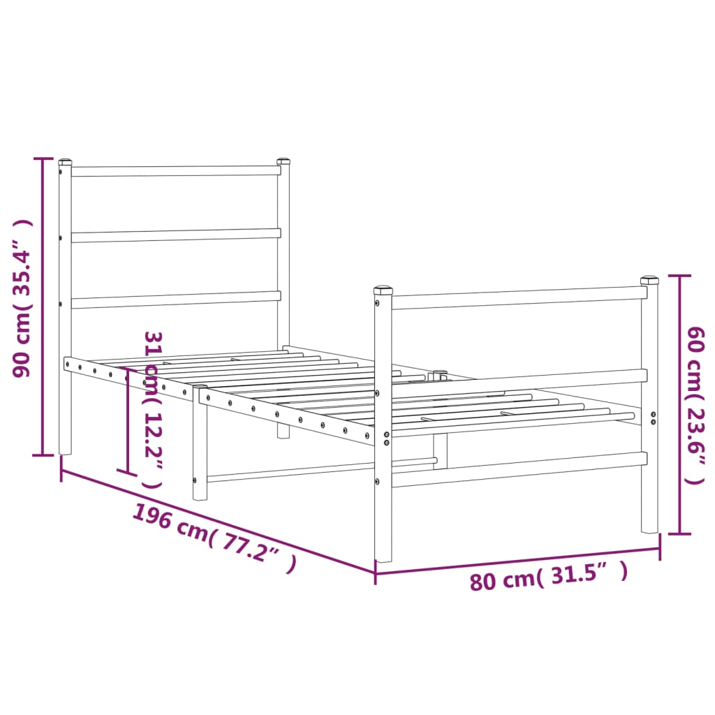 vidaXL Metal Bed Frame without Mattress with Footboard Black 75x190cm