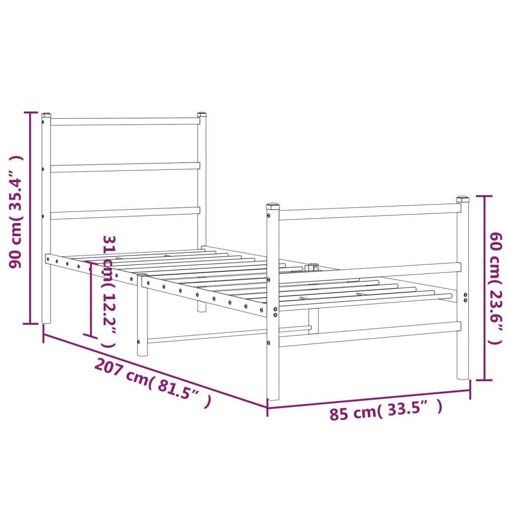 vidaXL Metal Bed Frame without Mattress with Footboard White 80x200cm