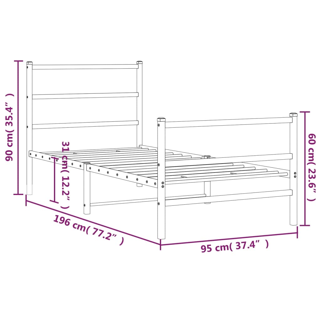 vidaXL Metal Bed Frame without Mattress with Footboard White 90x190cm