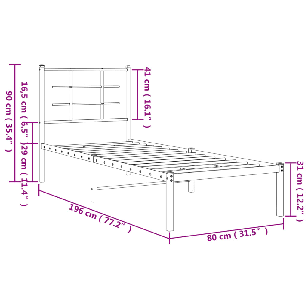 vidaXL Metal Bed Frame without Mattress with Headboard White 75x190cm