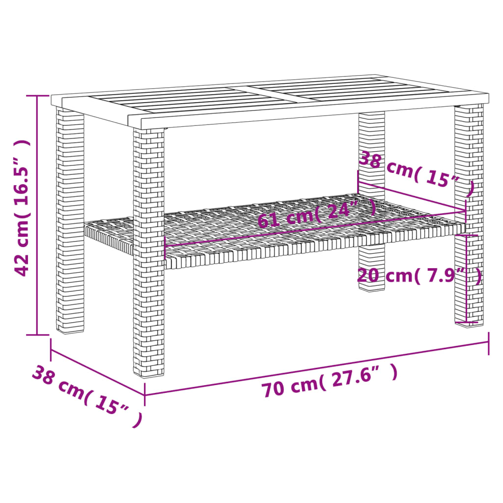 vidaXL Garden Table Black 70x38x42 cm Poly Rattan Acacia Wood