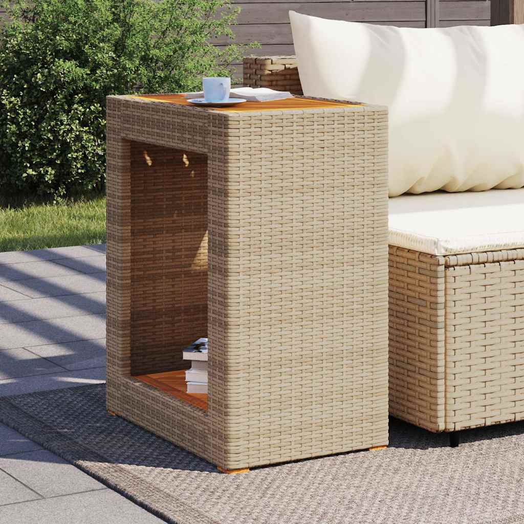 vidaXL Garden Side Table with Wooden Top Beige 60x40x75 cm Poly Rattan