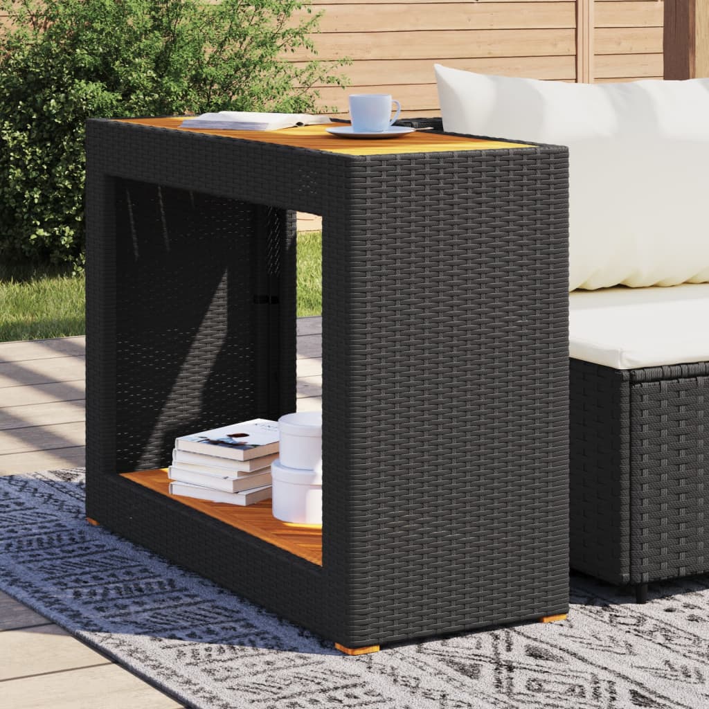 vidaXL Garden Side Table with Wooden Top Black 100x40x75cm Poly Rattan