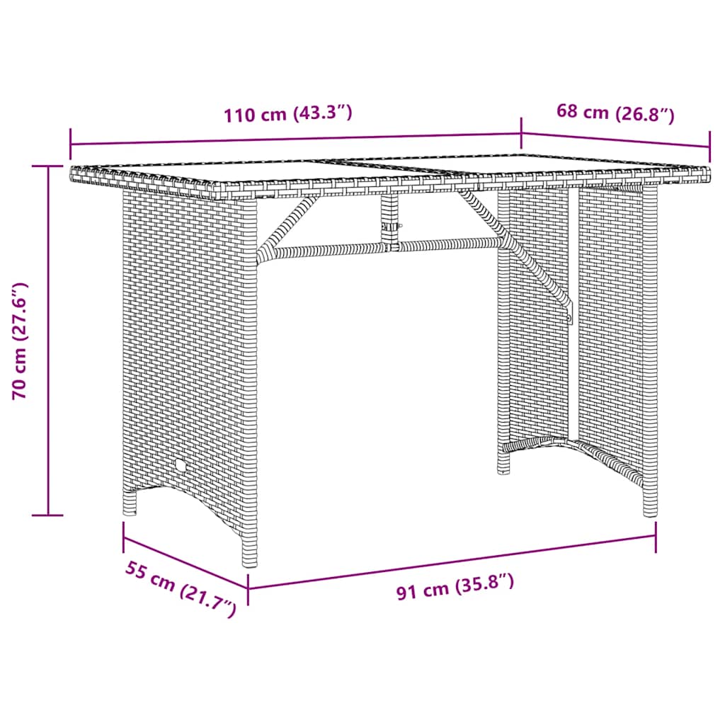 vidaXL Garden Table with Glass Top Beige 110x68x70 cm Poly Rattan