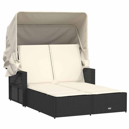 vidaXL Double Sun Lounger with Canopy and Cushions Black Poly Rattan