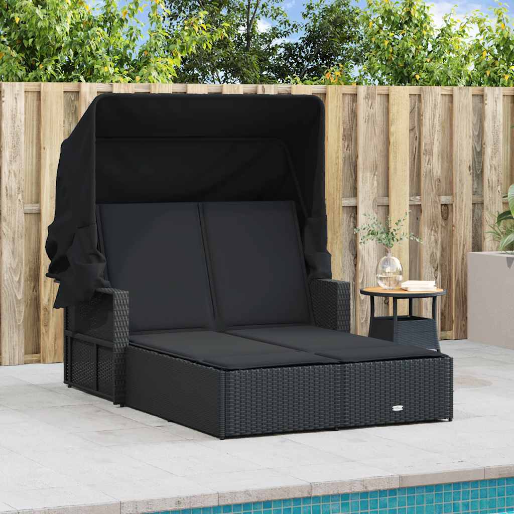 vidaXL Double Sun Lounger with Canopy and Cushions Black Poly Rattan
