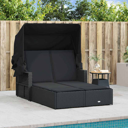 vidaXL Double Sun Lounger with Canopy and Cushions Black Poly Rattan