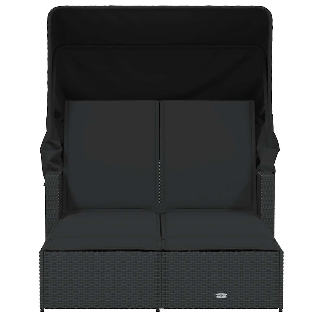 vidaXL Double Sun Lounger with Canopy and Cushions Black Poly Rattan