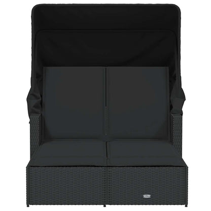 vidaXL Double Sun Lounger with Canopy and Cushions Black Poly Rattan