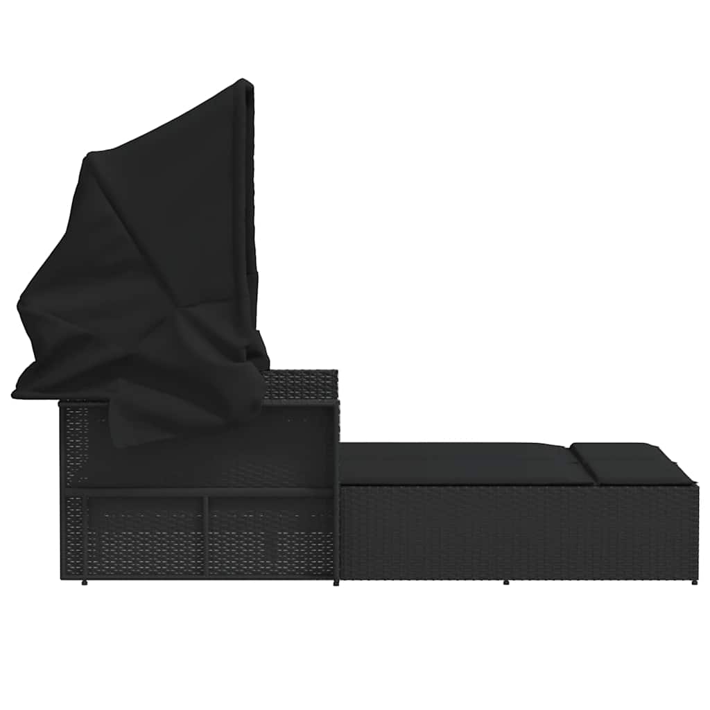 vidaXL Double Sun Lounger with Canopy and Cushions Black Poly Rattan
