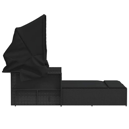 vidaXL Double Sun Lounger with Canopy and Cushions Black Poly Rattan