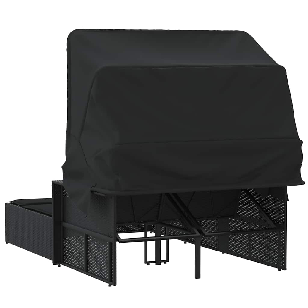 vidaXL Double Sun Lounger with Canopy and Cushions Black Poly Rattan