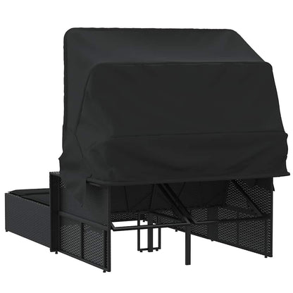 vidaXL Double Sun Lounger with Canopy and Cushions Black Poly Rattan