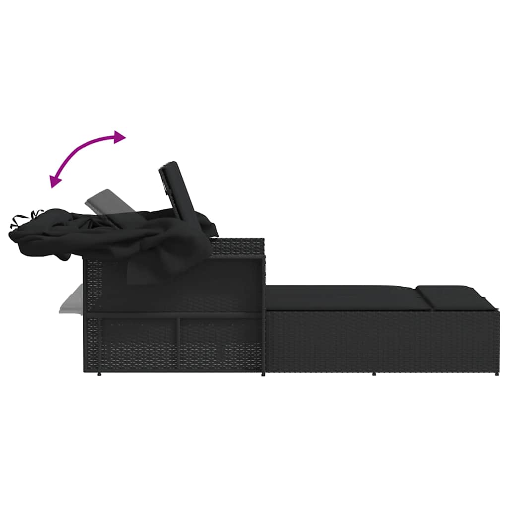 vidaXL Double Sun Lounger with Canopy and Cushions Black Poly Rattan