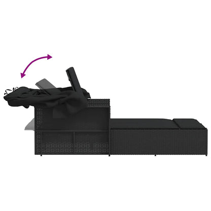 vidaXL Double Sun Lounger with Canopy and Cushions Black Poly Rattan