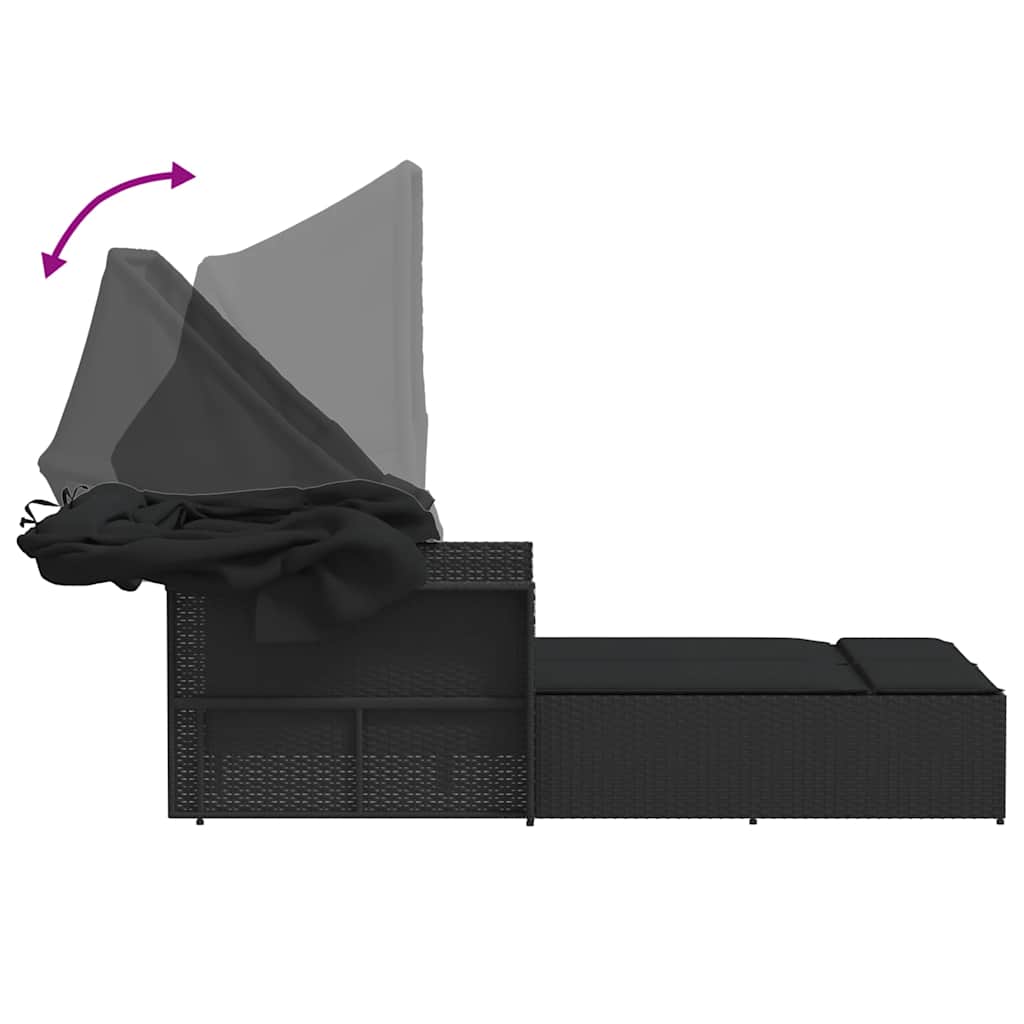 vidaXL Double Sun Lounger with Canopy and Cushions Black Poly Rattan