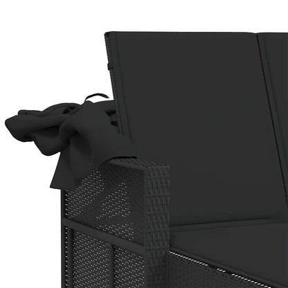 vidaXL Double Sun Lounger with Canopy and Cushions Black Poly Rattan