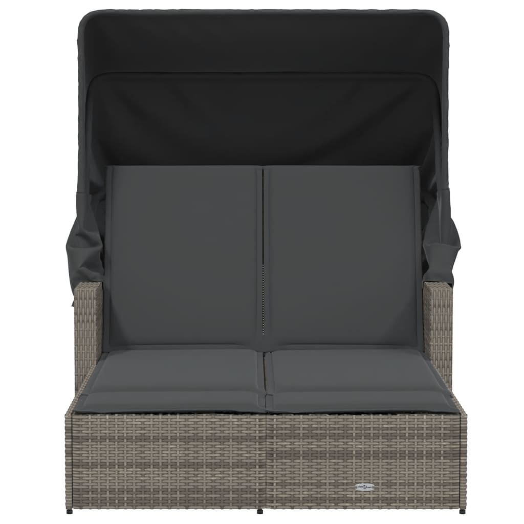 vidaXL Double Sun Lounger with Canopy and Cushions Grey Poly Rattan