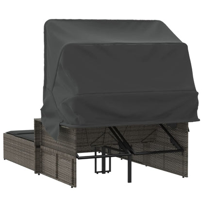 vidaXL Double Sun Lounger with Canopy and Cushions Grey Poly Rattan